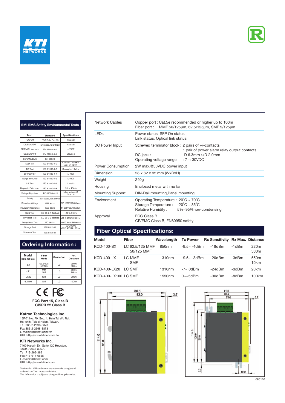 Fiber optical specifications, Ordering information | KTI Networks KCD-400 User Manual | Page 2 / 2