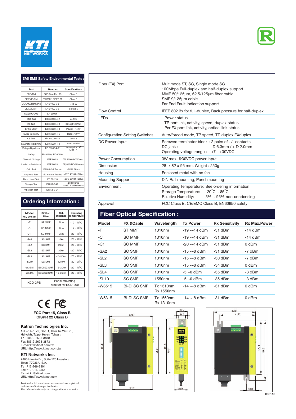 Fiber optical specification, Ordering information | KTI Networks KCD-300 User Manual | Page 2 / 2