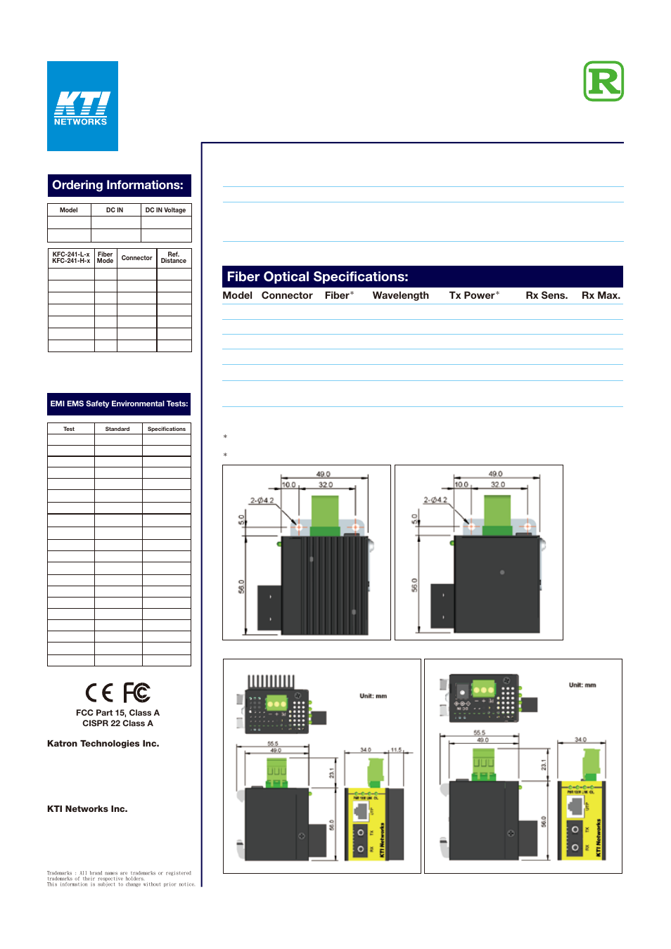 R]kfc-241-2, Fiber optical specifications, Ordering informations | Model connector fiber, Wavelength tx power, Rx sens. rx max | KTI Networks KC-300D User Manual | Page 2 / 2