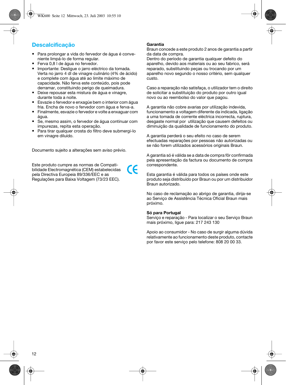 Descalcificação | Braun WK-600 User Manual | Page 12 / 42