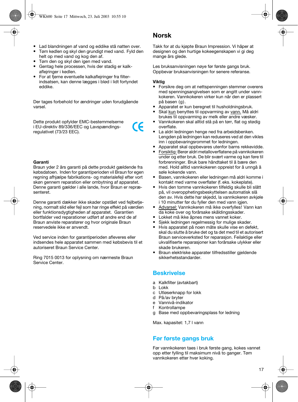 Norsk | Braun WK-600 User Manual | Page 17 / 42