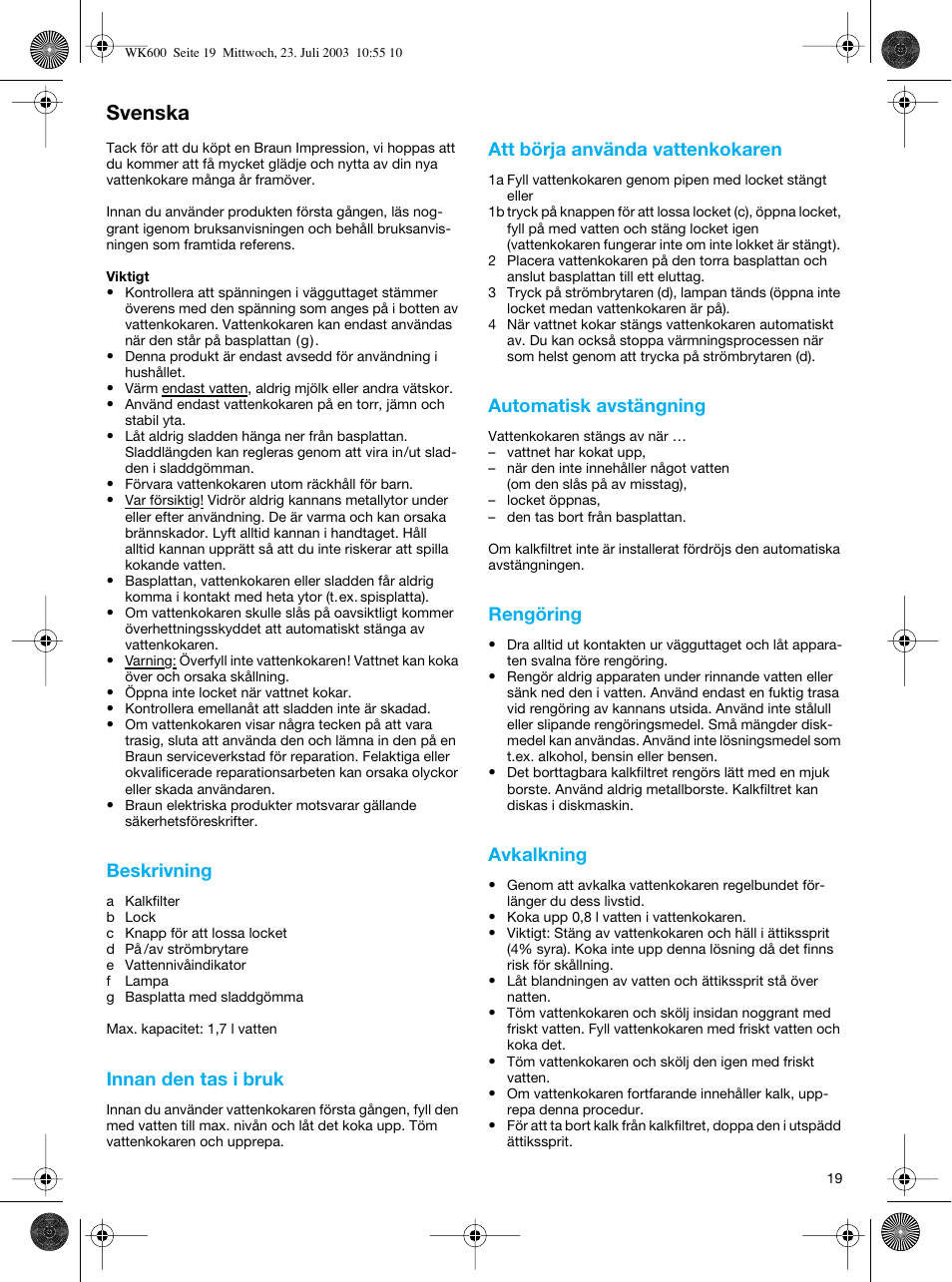 Svenska | Braun WK-600 User Manual | Page 19 / 42