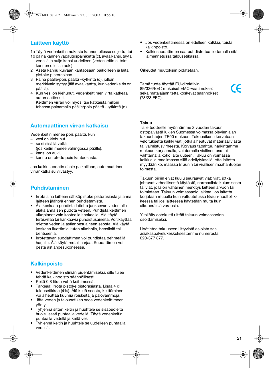 Braun WK-600 User Manual | Page 21 / 42