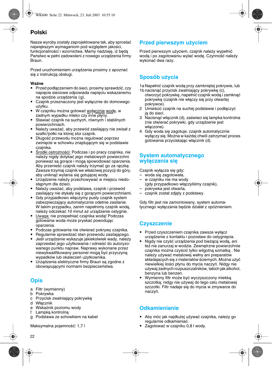 Polski | Braun WK-600 User Manual | Page 22 / 42