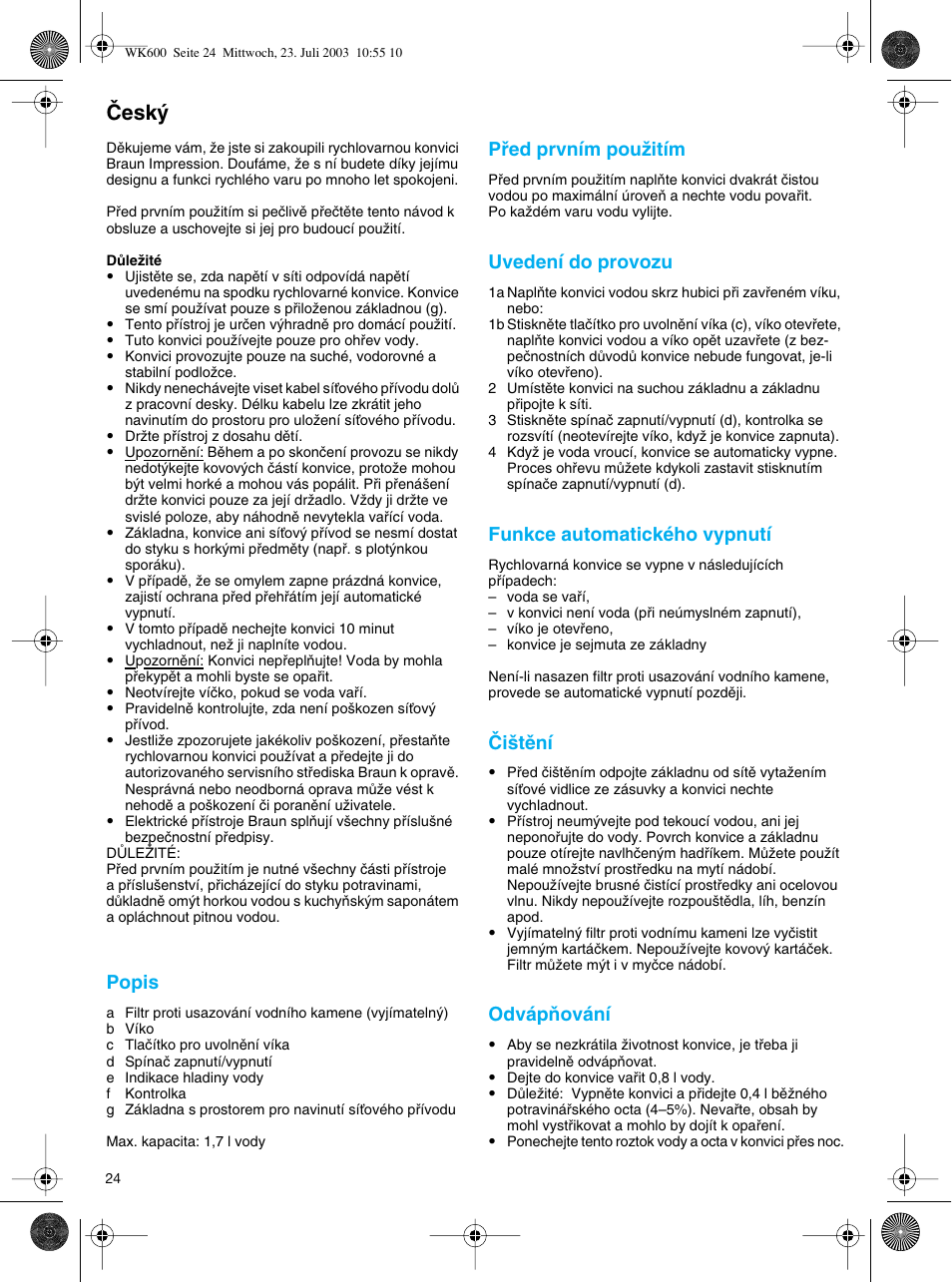 Cesky, Âesk | Braun WK-600 User Manual | Page 24 / 42