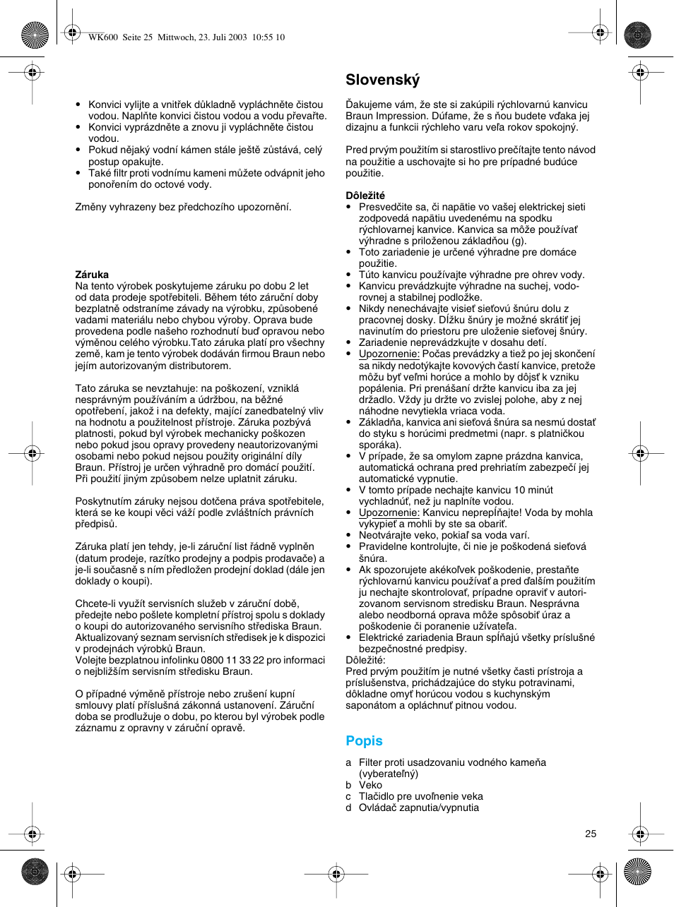 Slovensky, Slovensk, Popis | Braun WK-600 User Manual | Page 25 / 42