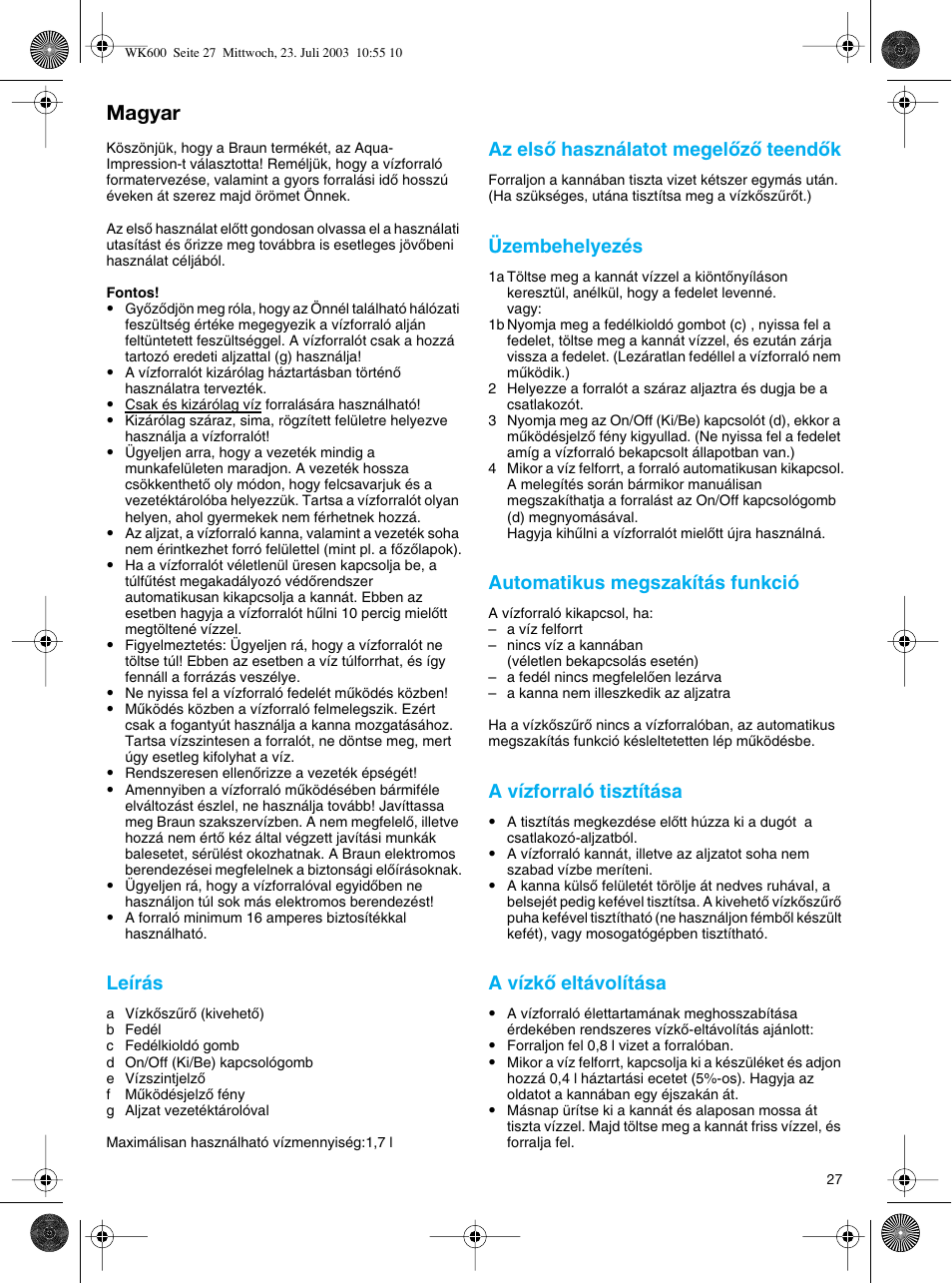 Magyar | Braun WK-600 User Manual | Page 27 / 42