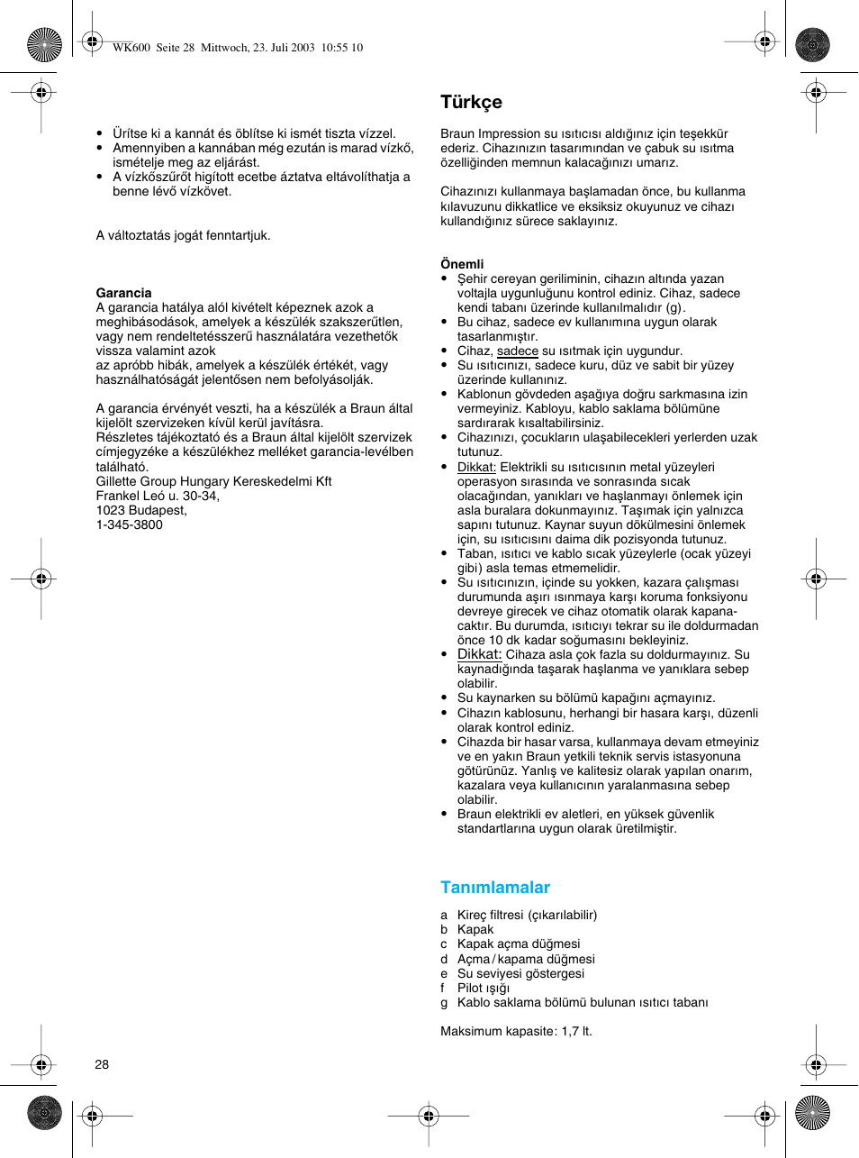 Türkce, Türkçe | Braun WK-600 User Manual | Page 28 / 42
