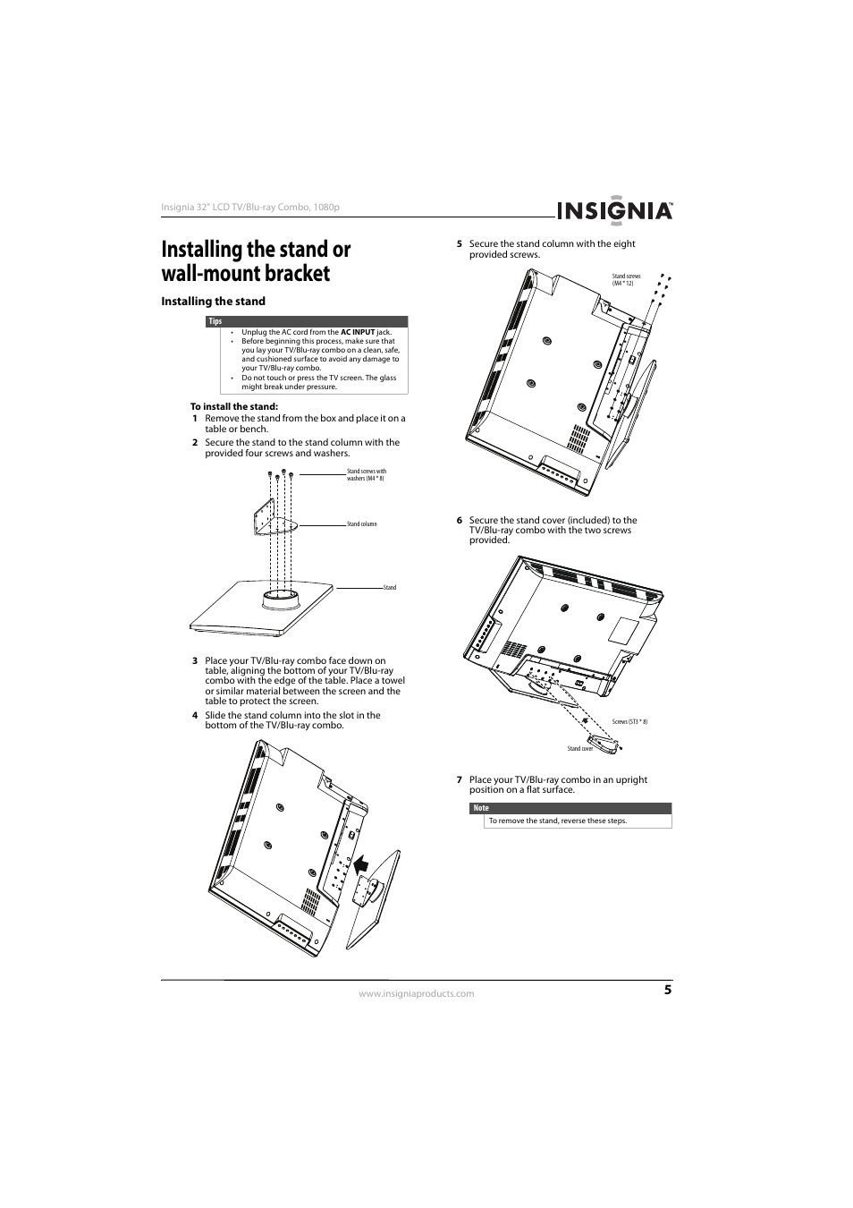 Installing the stand or wall-mount bracket, Installing the stand | KTI Networks NS-32LB451A11 User Manual | Page 11 / 88