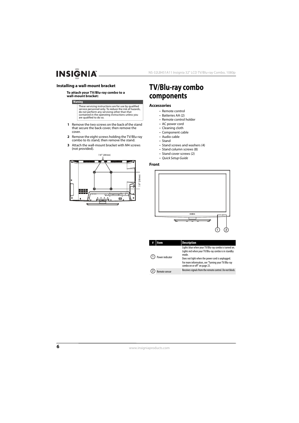 Installing a wall-mount bracket, Tv/blu-ray combo components, Accessories | Front, Accessories front | KTI Networks NS-32LB451A11 User Manual | Page 12 / 88