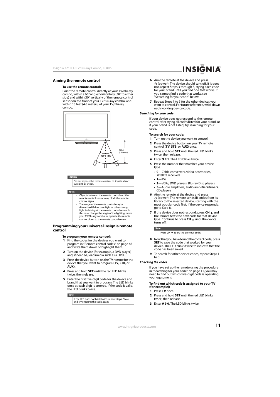 Aiming the remote control, Programming your universal insignia remote control | KTI Networks NS-32LB451A11 User Manual | Page 17 / 88