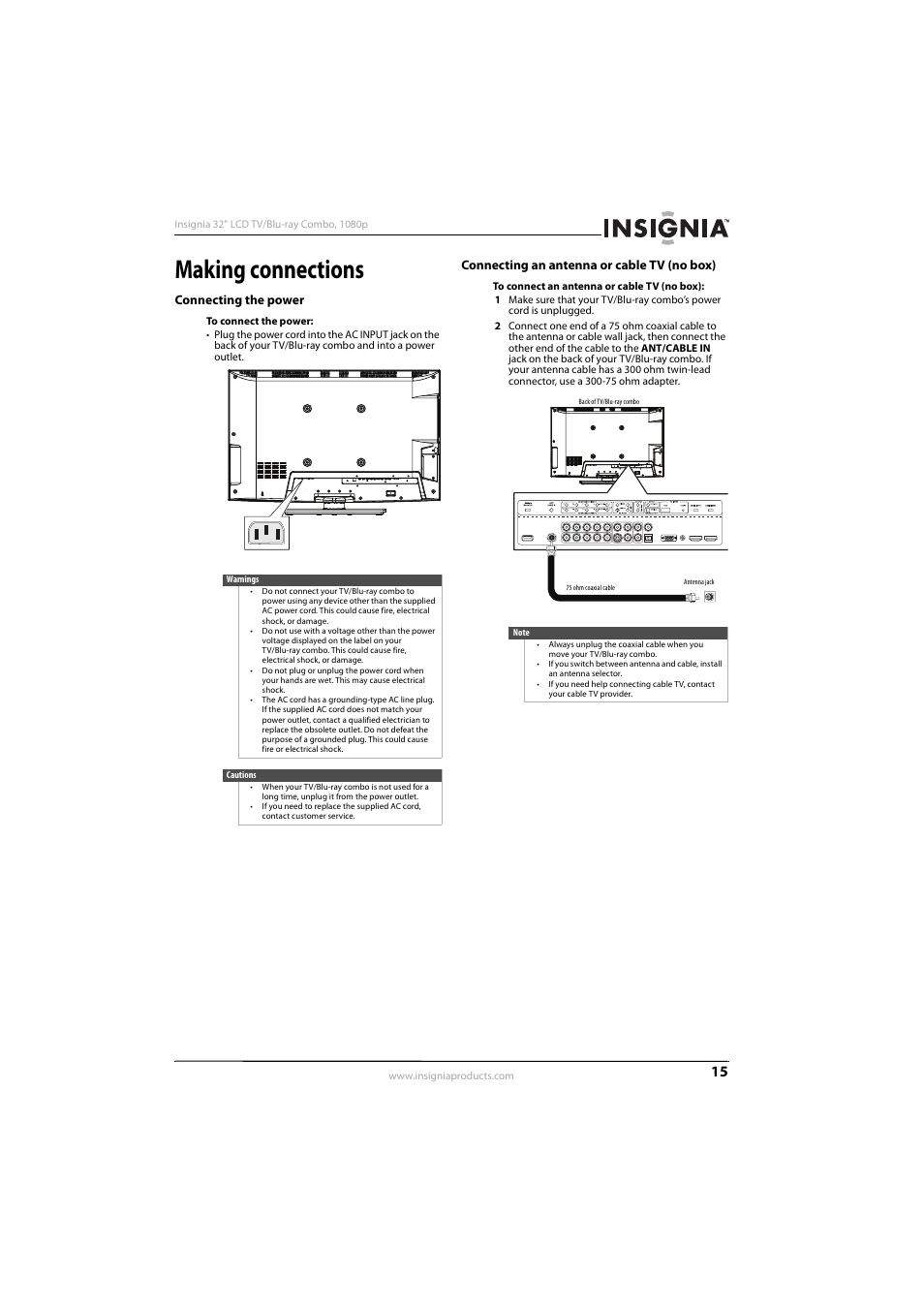 Making connections, Connecting the power, Connecting an antenna or cable tv (no box) | Connecting the power” o, 15 o | KTI Networks NS-32LB451A11 User Manual | Page 21 / 88