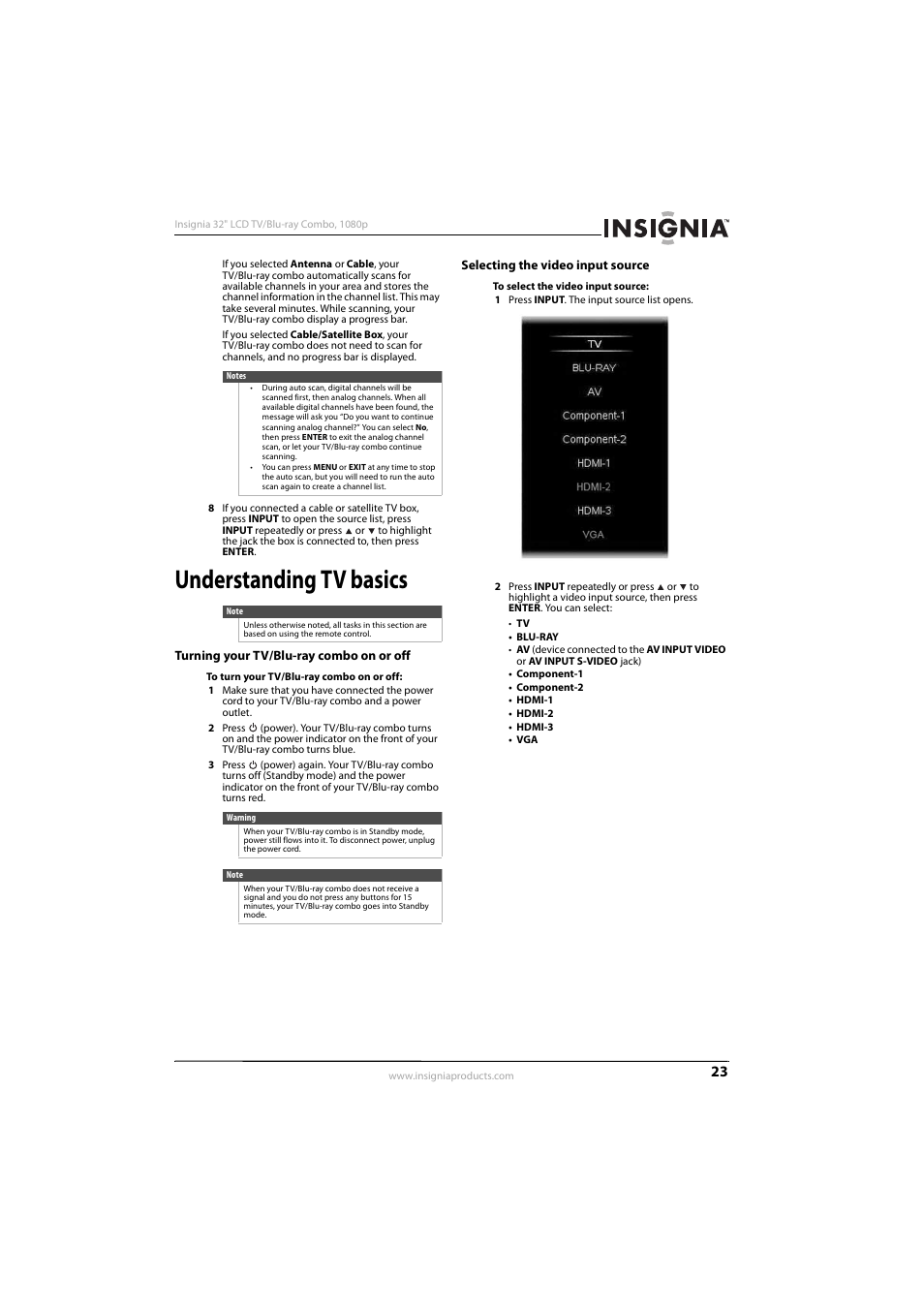 Understanding tv basics, Turning your tv/blu-ray combo on or off, Selecting the video input source | Turning your tv/blu-ray combo on or off” on, E “selecting the video input source, Ee “selecting the video input source, Ee “selecting the video input source” on, E “selecting the video input source” on | KTI Networks NS-32LB451A11 User Manual | Page 29 / 88
