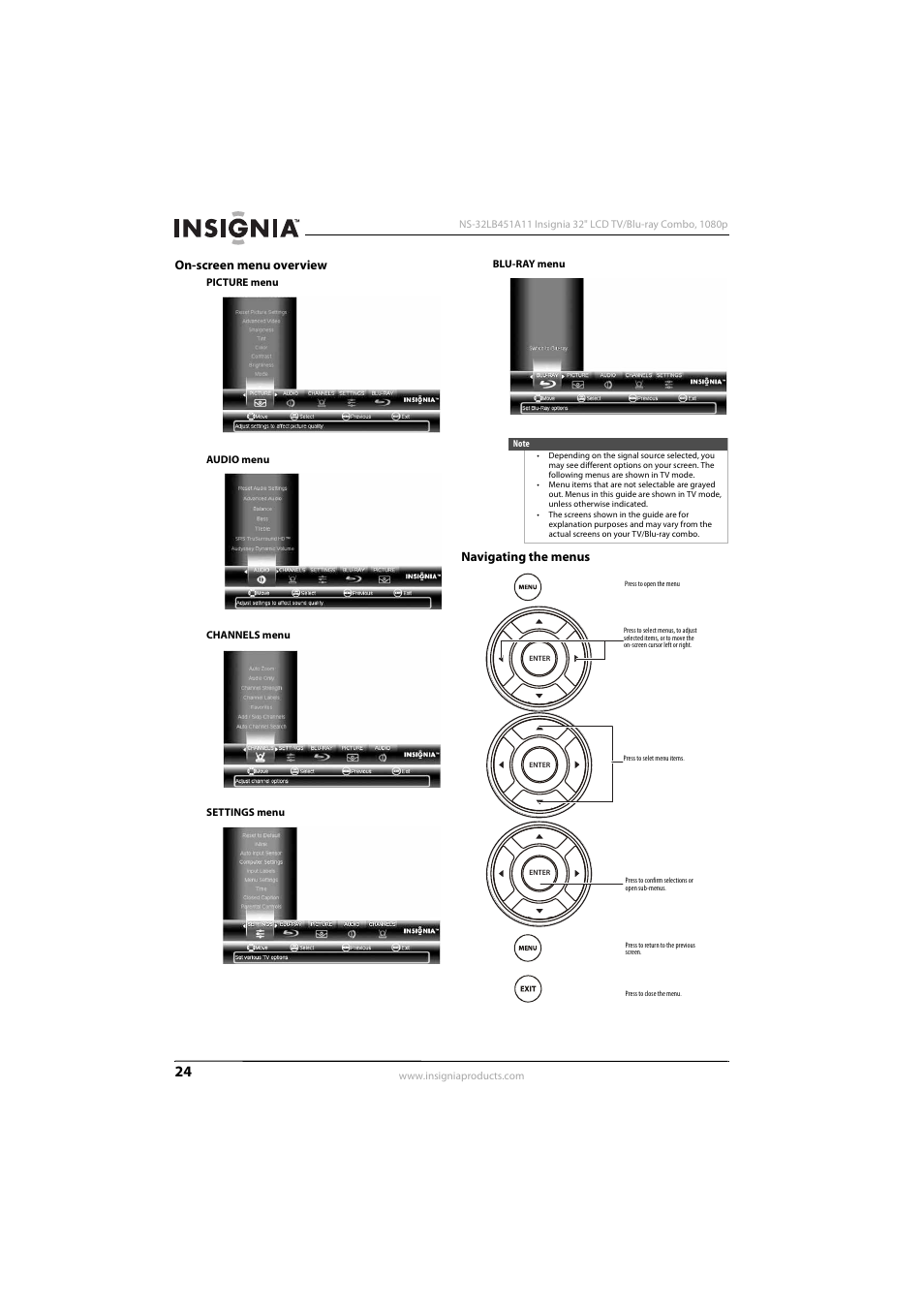 On-screen menu overview, Navigating the menus, On-screen menu overview navigating the menus | KTI Networks NS-32LB451A11 User Manual | Page 30 / 88