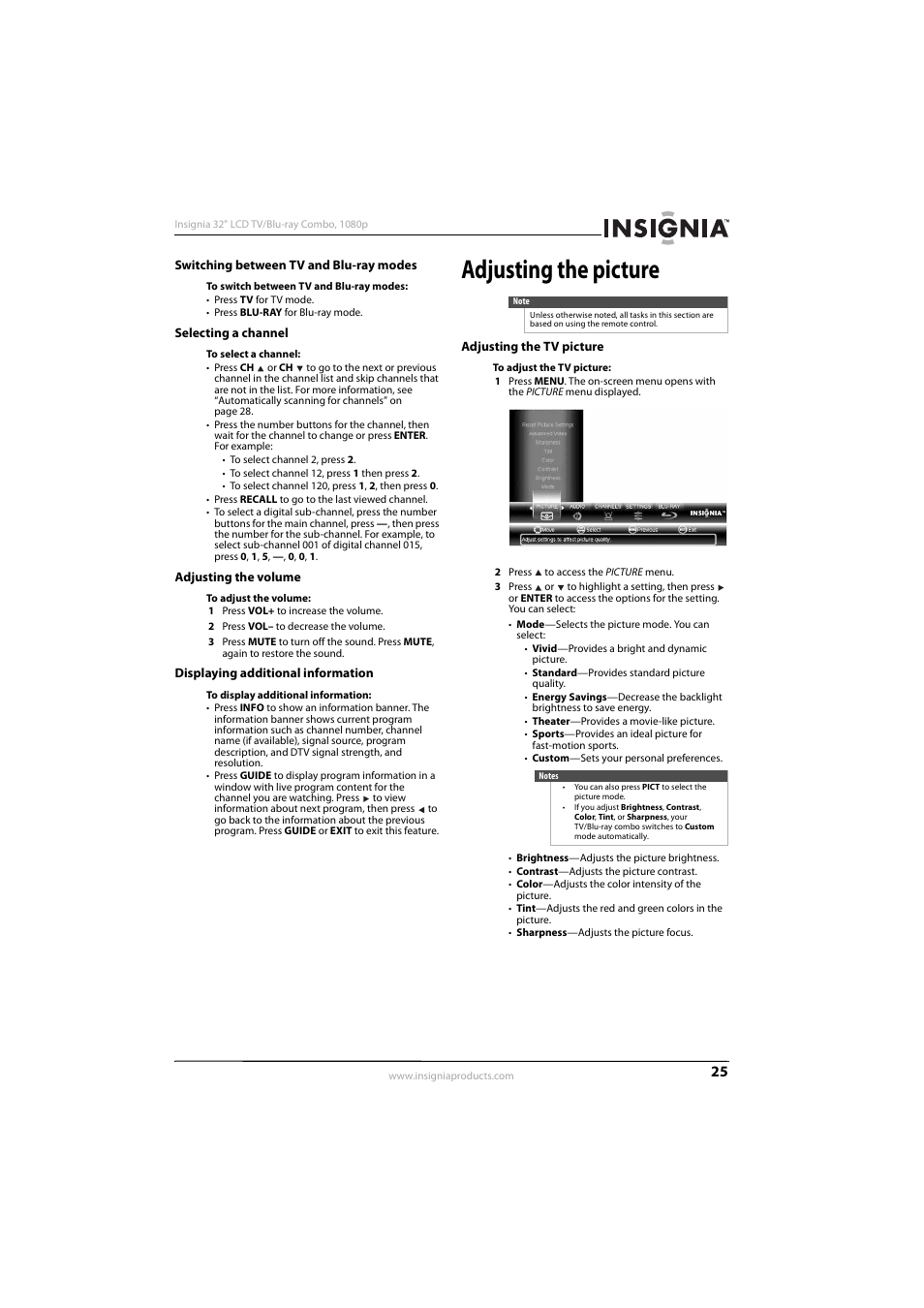 Switching between tv and blu-ray modes, Selecting a channel, Adjusting the volume | Displaying additional information, Adjusting the picture, Adjusting the tv picture, Ee “selecting a channel” o, Ge 25 | KTI Networks NS-32LB451A11 User Manual | Page 31 / 88
