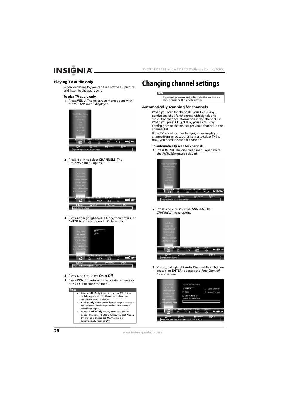 Playing tv audio only, Changing channel settings, Automatically scanning for channels | KTI Networks NS-32LB451A11 User Manual | Page 34 / 88