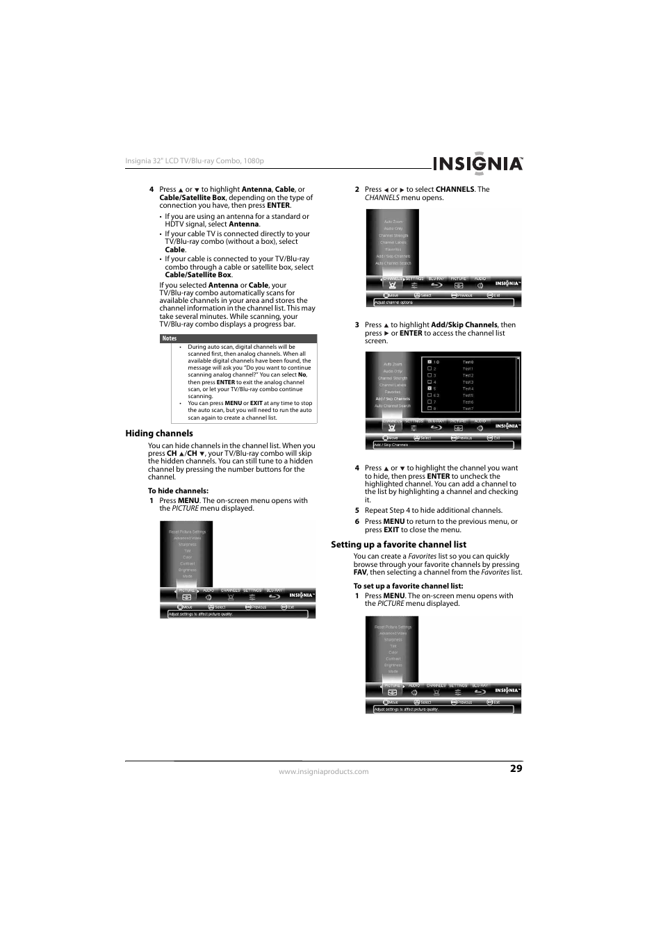 Hiding channels, Setting up a favorite channel list, Hiding channels setting up a favorite channel list | KTI Networks NS-32LB451A11 User Manual | Page 35 / 88
