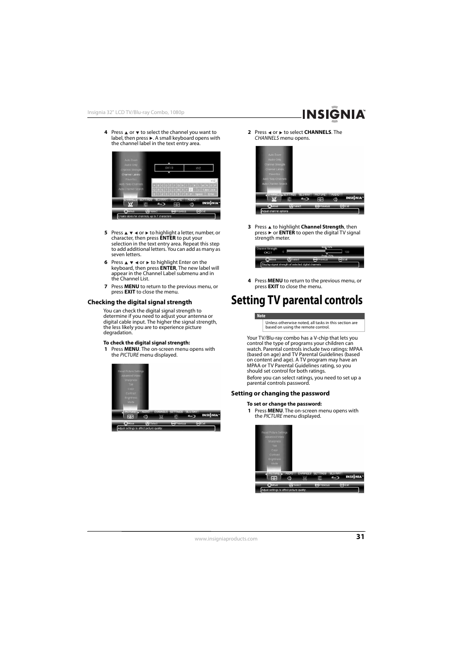 Checking the digital signal strength, Setting tv parental controls, Setting or changing the password | KTI Networks NS-32LB451A11 User Manual | Page 37 / 88