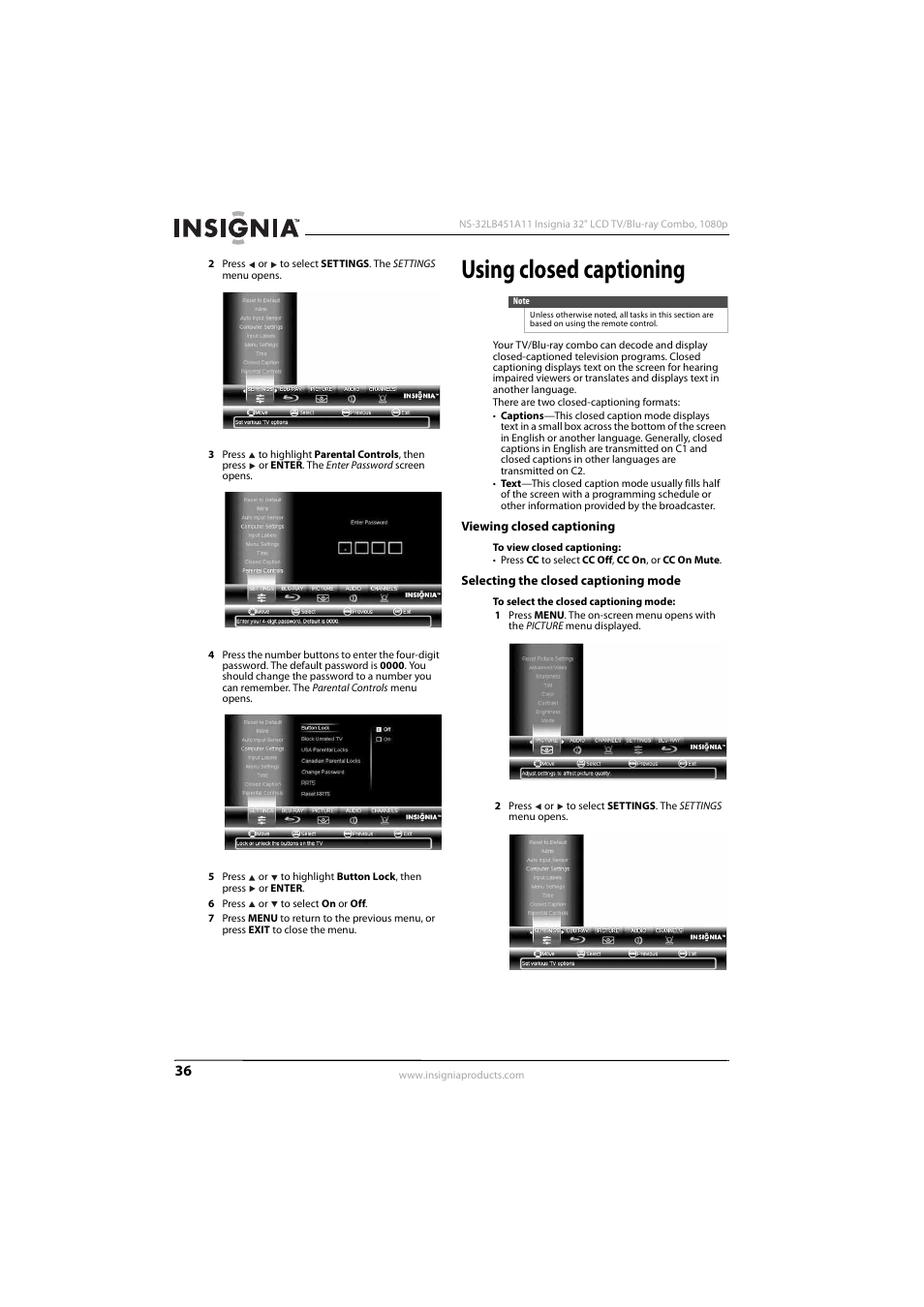 Using closed captioning, Viewing closed captioning, Selecting the closed captioning mode | KTI Networks NS-32LB451A11 User Manual | Page 42 / 88