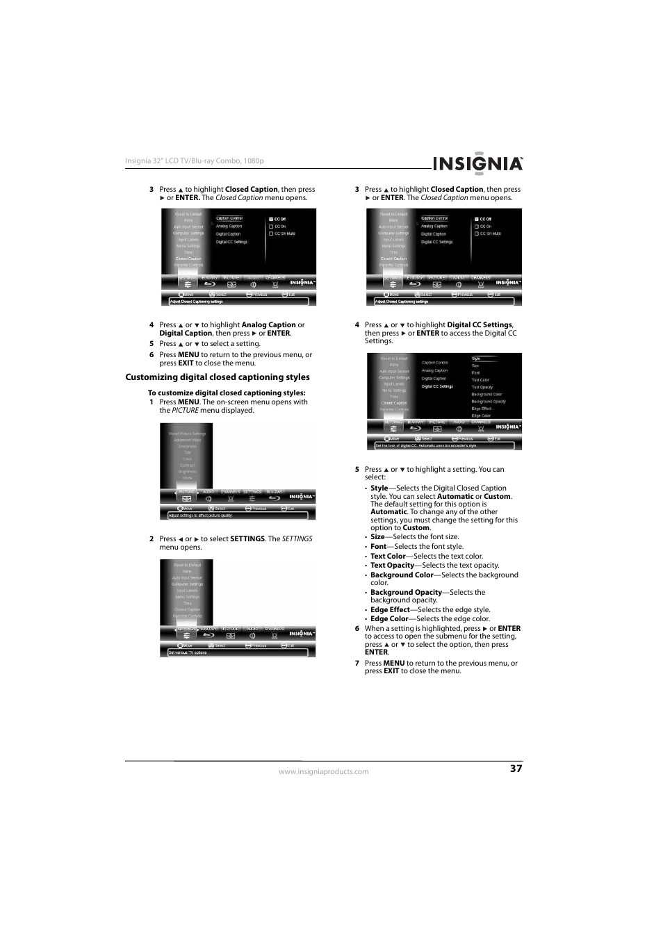 Customizing digital closed captioning styles | KTI Networks NS-32LB451A11 User Manual | Page 43 / 88