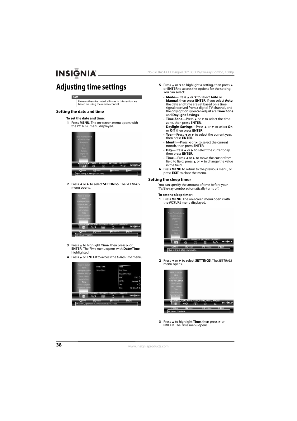 Adjusting time settings, Setting the date and time, Setting the sleep timer | Setting the date and time setting the sleep timer, Ee “setting the sleep timer” o | KTI Networks NS-32LB451A11 User Manual | Page 44 / 88