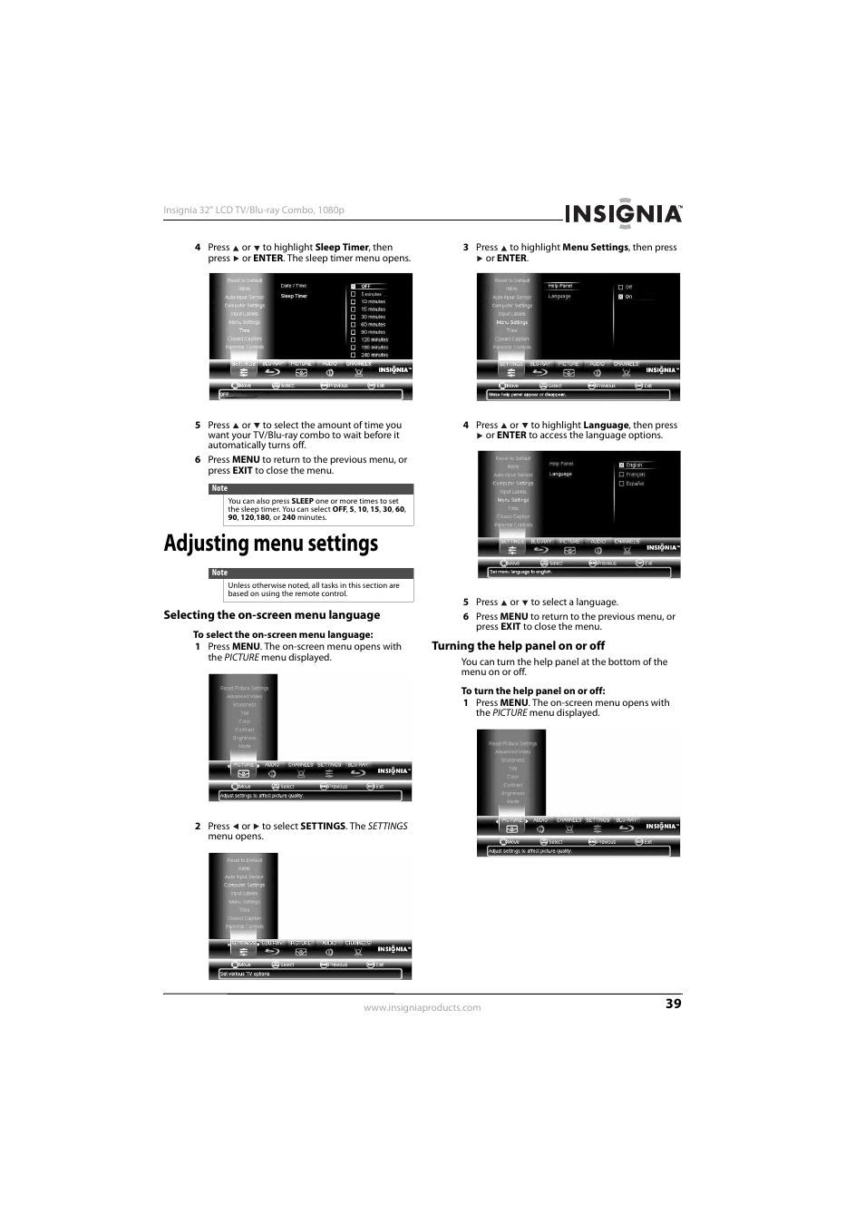 Adjusting menu settings, Selecting the on-screen menu language, Turning the help panel on or off | KTI Networks NS-32LB451A11 User Manual | Page 45 / 88