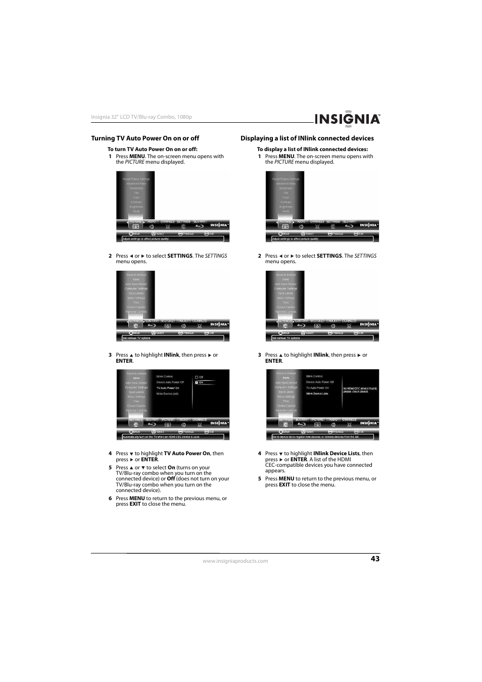 Turning tv auto power on on or off, Displaying a list of inlink connected devices | KTI Networks NS-32LB451A11 User Manual | Page 49 / 88
