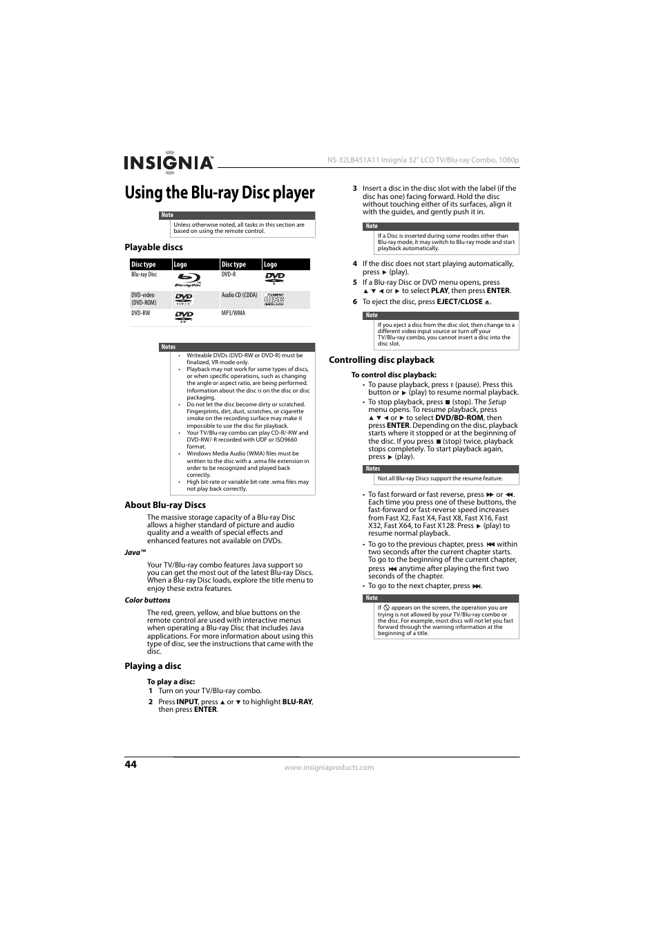 Using the blu-ray disc player, Playable discs, About blu-ray discs | Playing a disc, Controlling disc playback | KTI Networks NS-32LB451A11 User Manual | Page 50 / 88