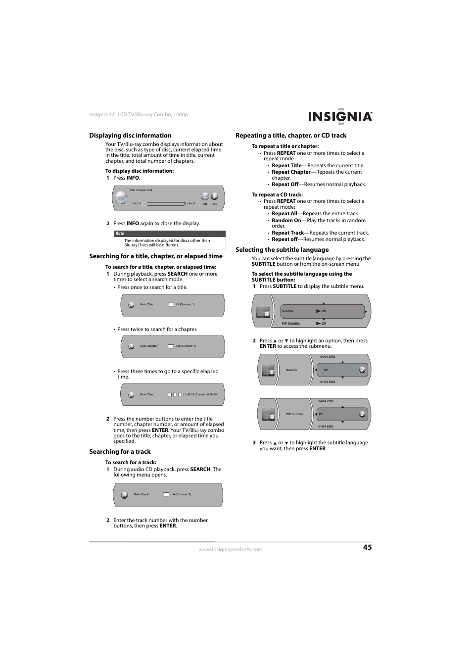 Displaying disc information, Searching for a title, chapter, or elapsed time, Searching for a track | Repeating a title, chapter, or cd track, Selecting the subtitle language | KTI Networks NS-32LB451A11 User Manual | Page 51 / 88