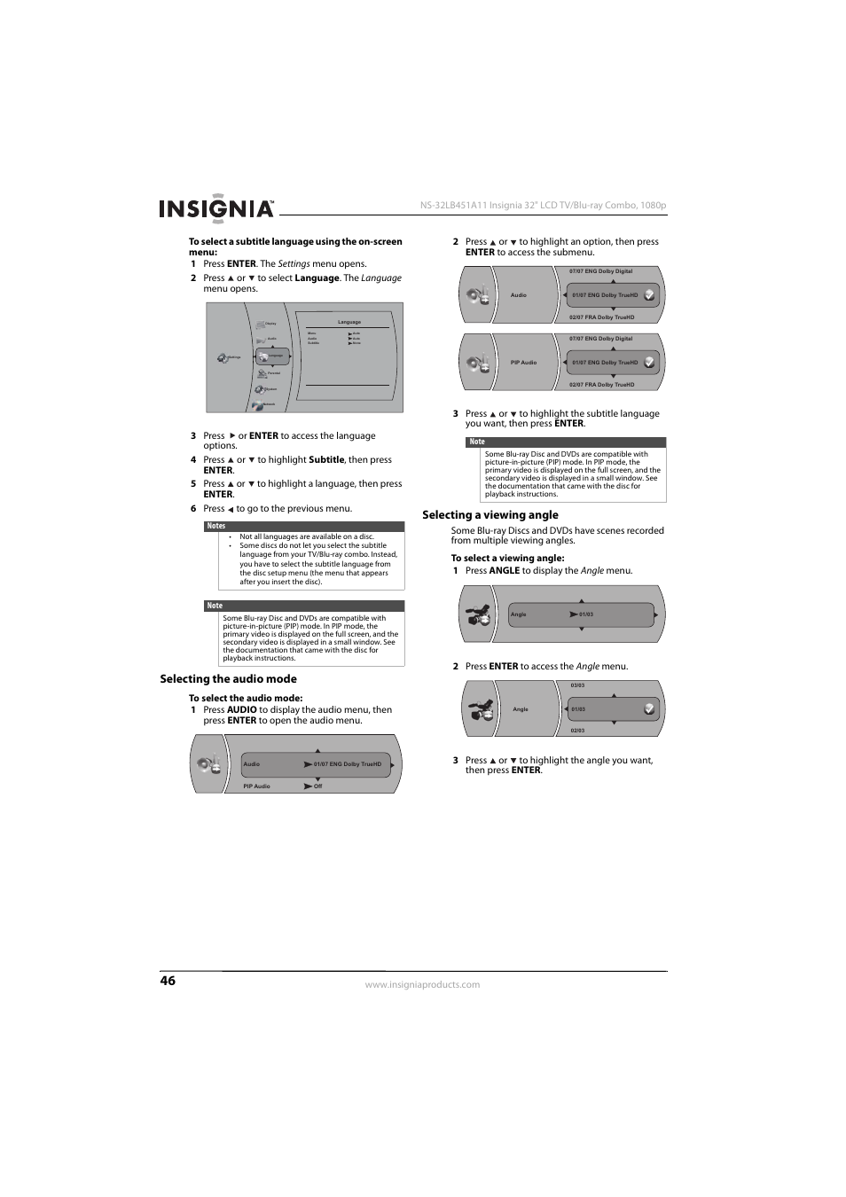 Selecting the audio mode, Selecting a viewing angle, Selecting the audio mode selecting a viewing angle | Ee “selecting the audio mode” o | KTI Networks NS-32LB451A11 User Manual | Page 52 / 88