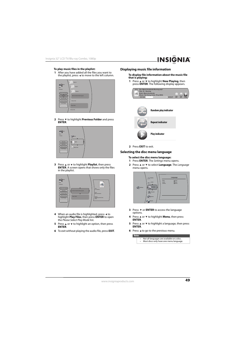 Displaying music file information, Selecting the disc menu language | KTI Networks NS-32LB451A11 User Manual | Page 55 / 88