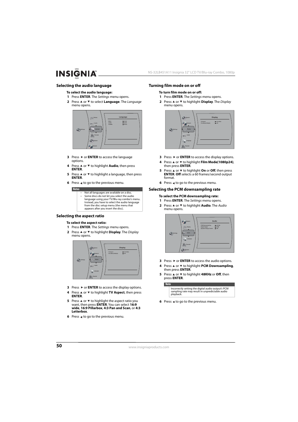 Selecting the audio language, Selecting the aspect ratio, Turning film mode on or off | Selecting the pcm downsampling rate | KTI Networks NS-32LB451A11 User Manual | Page 56 / 88