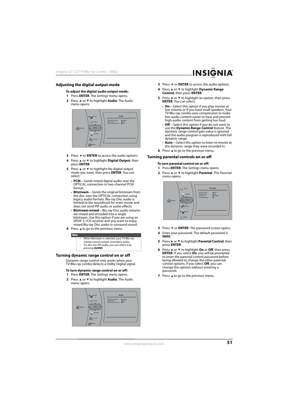 Adjusting the digital output mode, Turning dynamic range control on or off, Turning parental controls on or off | KTI Networks NS-32LB451A11 User Manual | Page 57 / 88