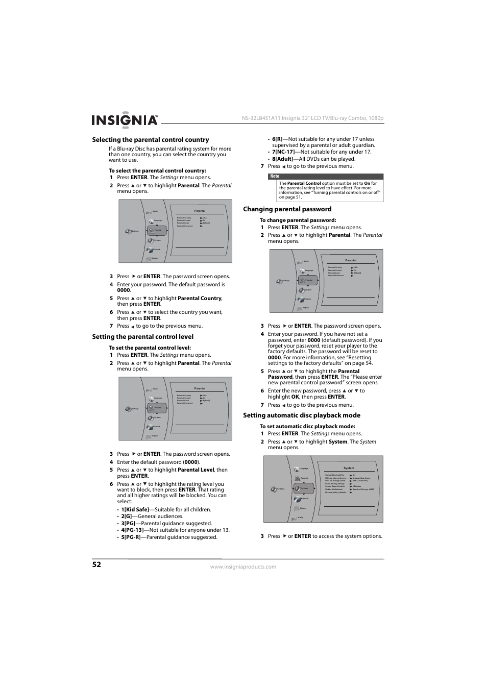 Selecting the parental control country, Setting the parental control level, Changing parental password | Setting automatic disc playback mode | KTI Networks NS-32LB451A11 User Manual | Page 58 / 88