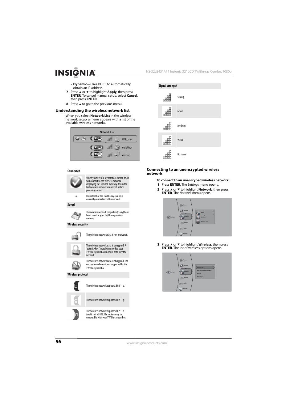 Understanding the wireless network list, Connecting to an unencrypted wireless network | KTI Networks NS-32LB451A11 User Manual | Page 62 / 88