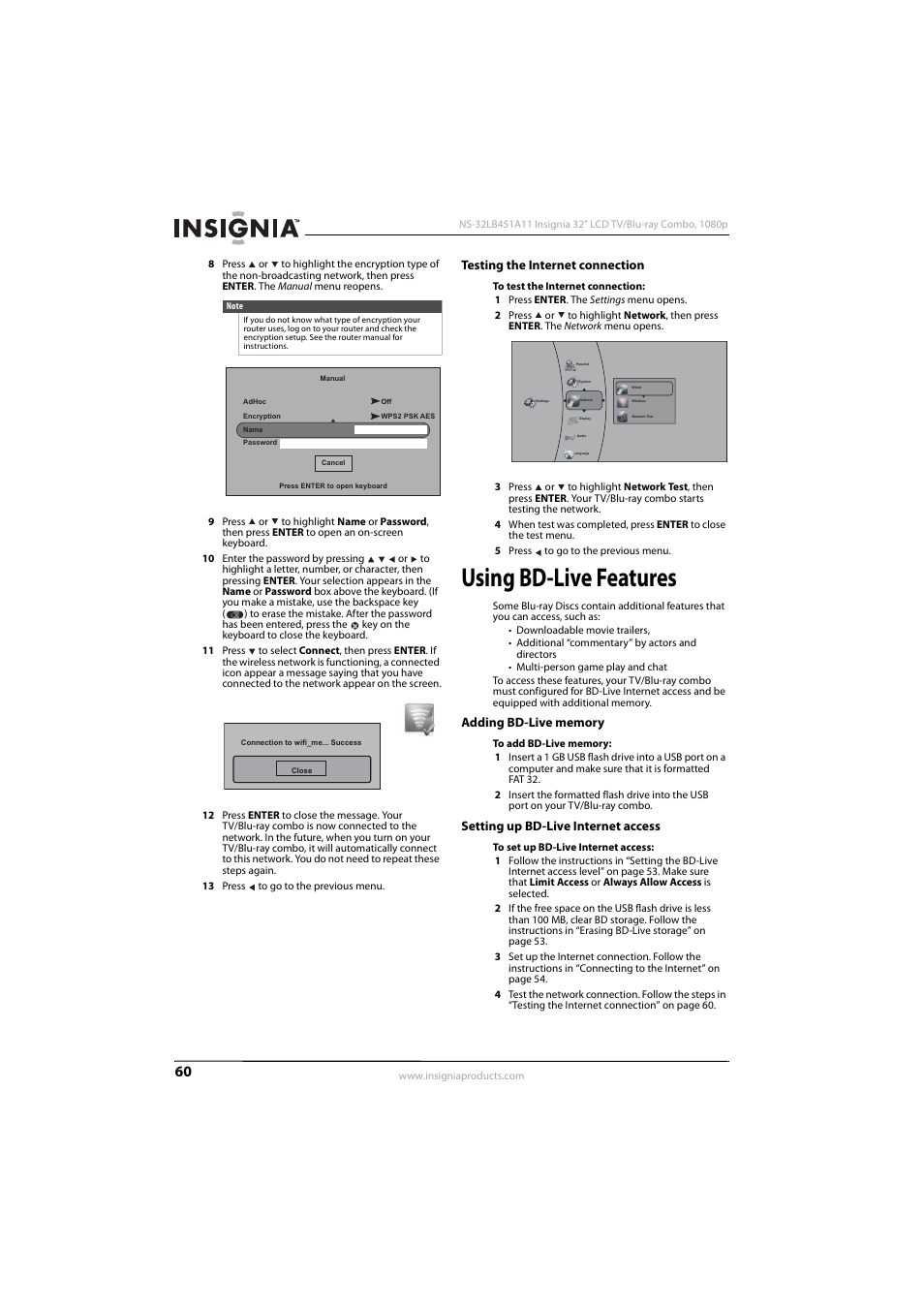 Testing the internet connection, Using bd-live features, Adding bd-live memory | Setting up bd-live internet access | KTI Networks NS-32LB451A11 User Manual | Page 66 / 88