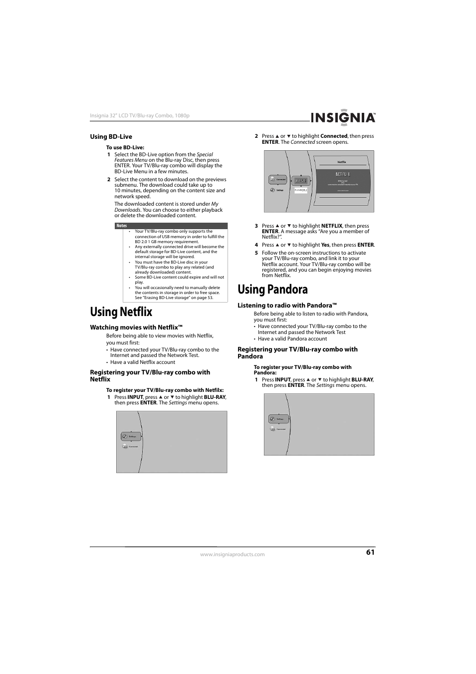 Using bd-live, Using netflix, Watching movies with netflix | Registering your tv/blu-ray combo with netflix, Using pandora, Listening to radio with pandora, Registering your tv/blu-ray combo with pandora | KTI Networks NS-32LB451A11 User Manual | Page 67 / 88