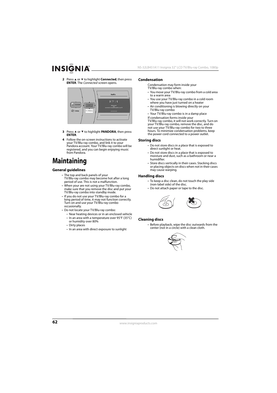 Maintaining, General guidelines, Condensation | Storing discs, Handling discs, Cleaning discs | KTI Networks NS-32LB451A11 User Manual | Page 68 / 88