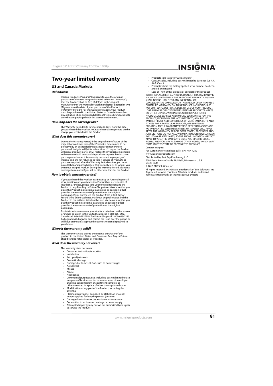 Two-year limited warranty, Us and canada markets | KTI Networks NS-32LB451A11 User Manual | Page 87 / 88