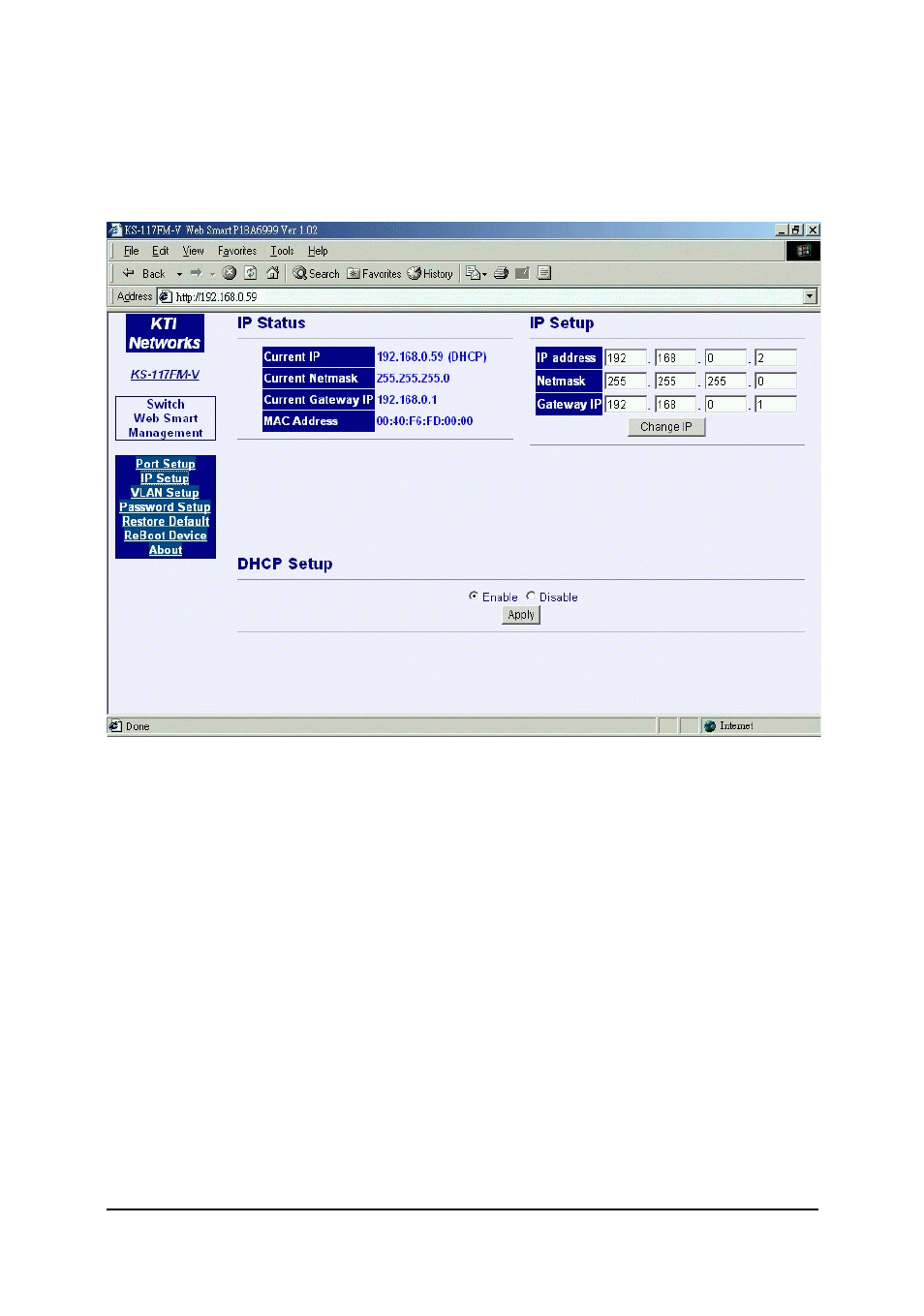3 ip setup | KTI Networks Web Smart Managed 10/100 Fast Ethernet Switches with VLan Support KS-115FM-V User Manual | Page 23 / 34