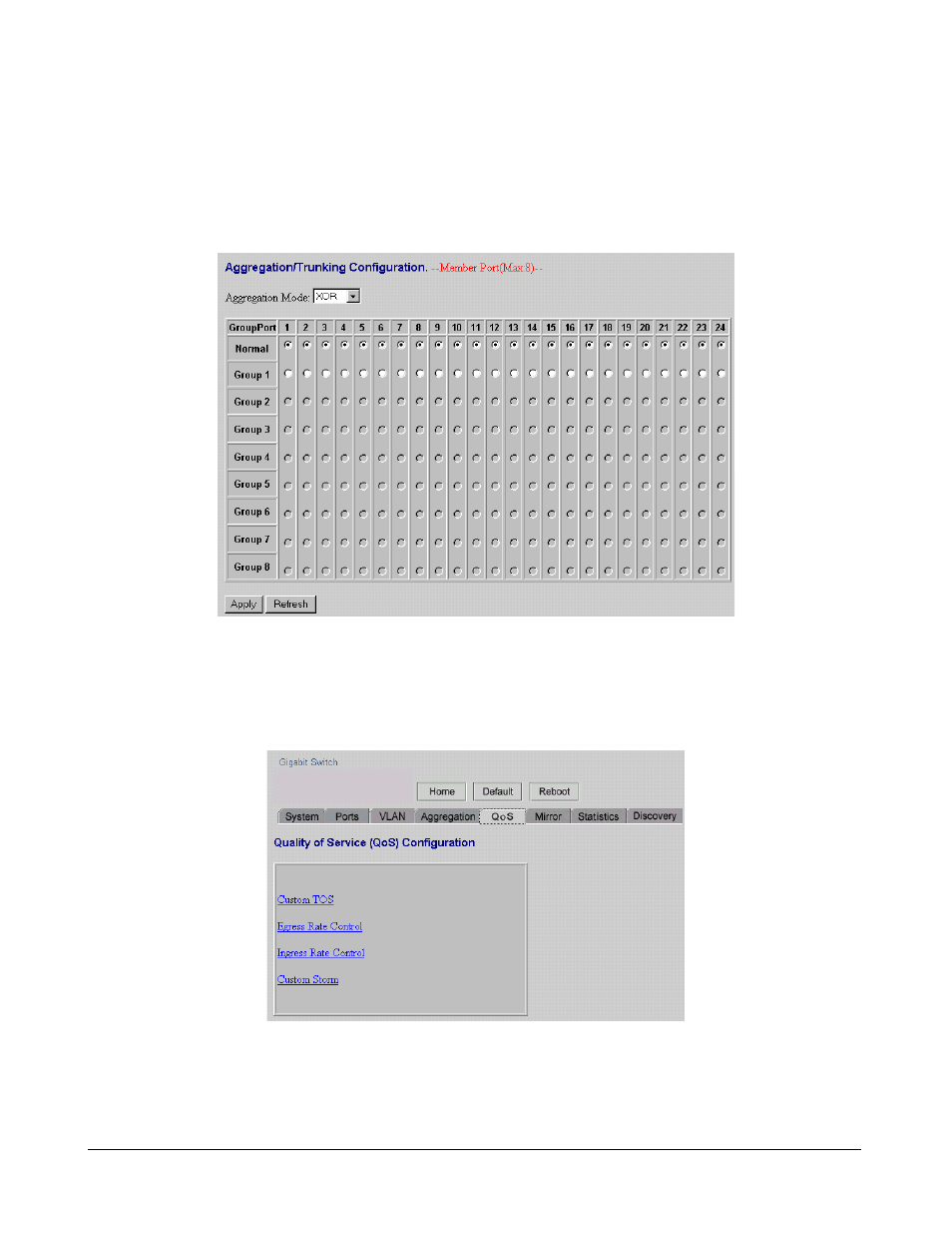 4 aggregation/ trunking configuration, 5 qos | KTI Networks 24-PORT KGS-2401 User Manual | Page 20 / 41