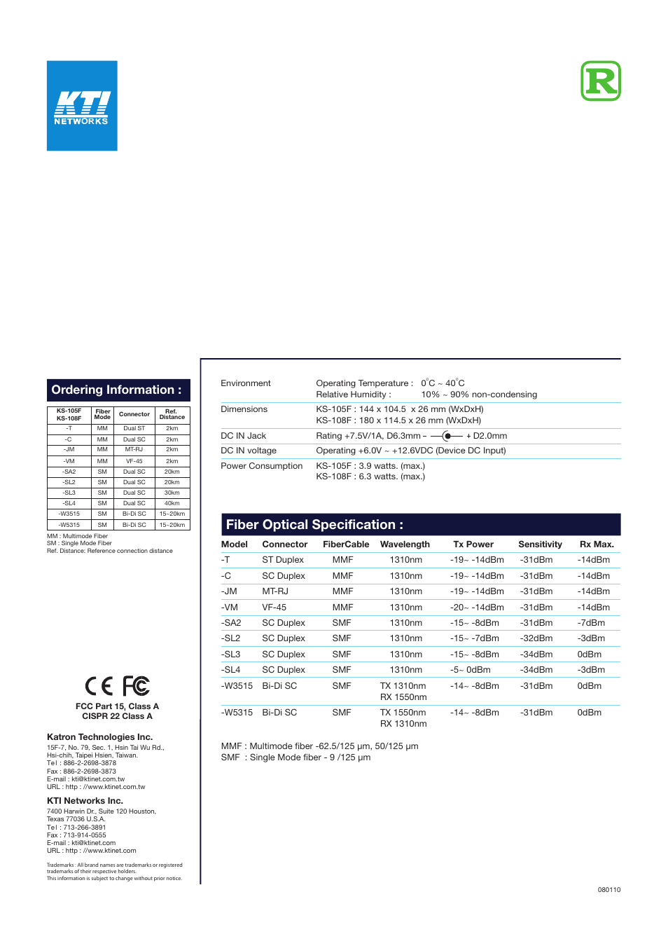 Fiber optical specification, Ordering information | KTI Networks KS-105F User Manual | Page 2 / 2