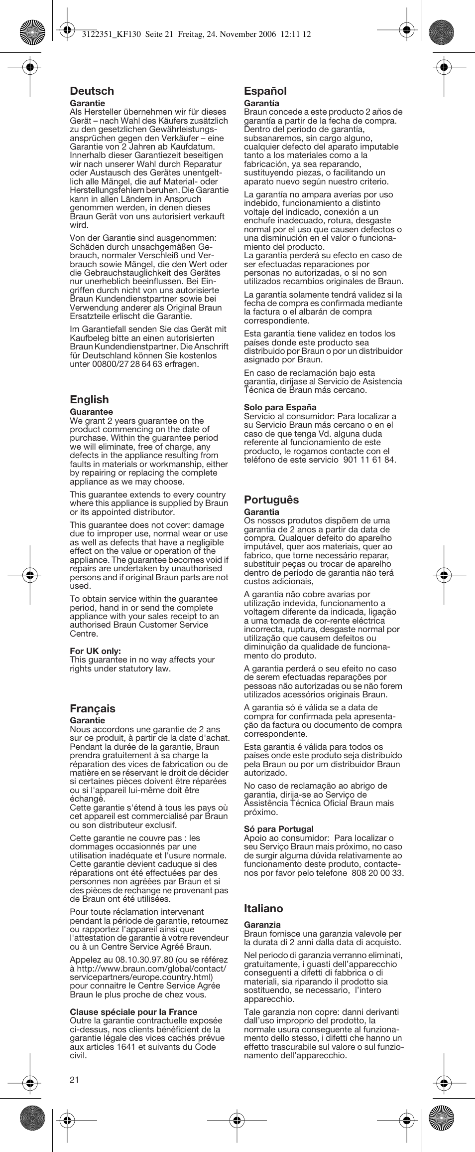 Deutsch, English, Français | Español, Português, Italiano | Braun KFT 150 User Manual | Page 19 / 21