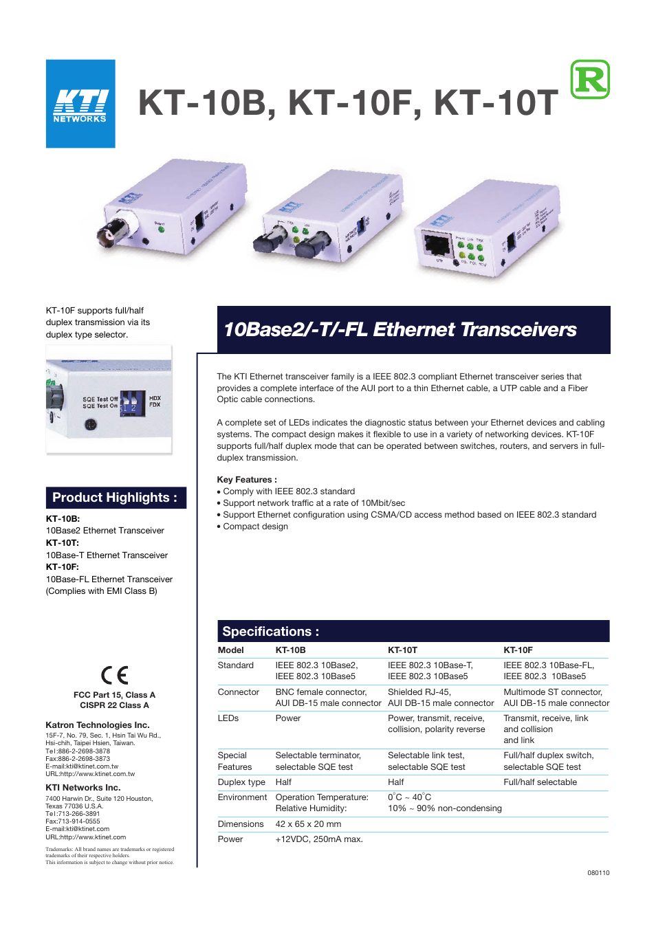 KTI Networks KT-10F User Manual | 1 page