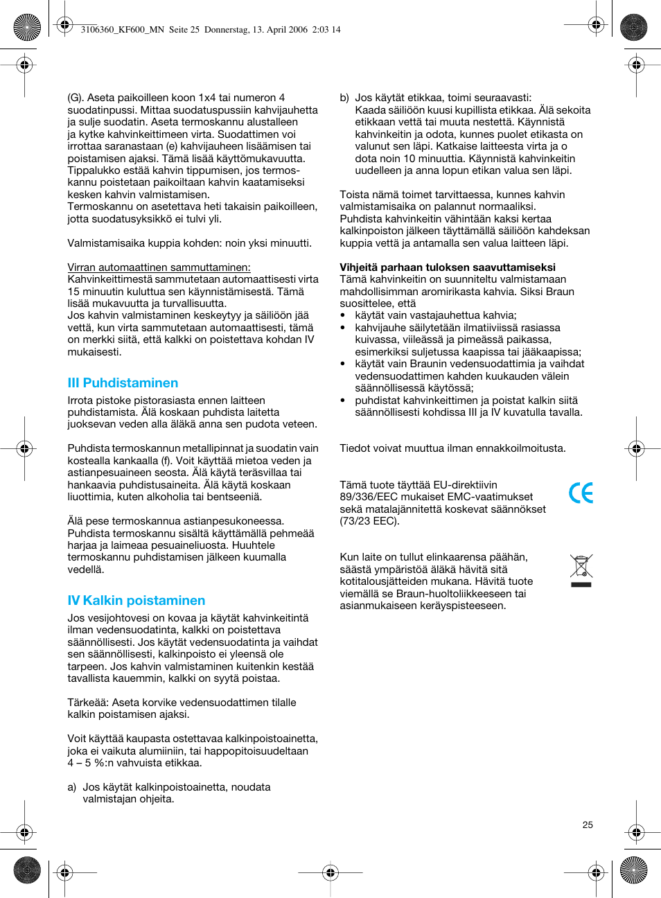 Iii puhdistaminen, Iv kalkin poistaminen | Braun KF 600 User Manual | Page 25 / 52