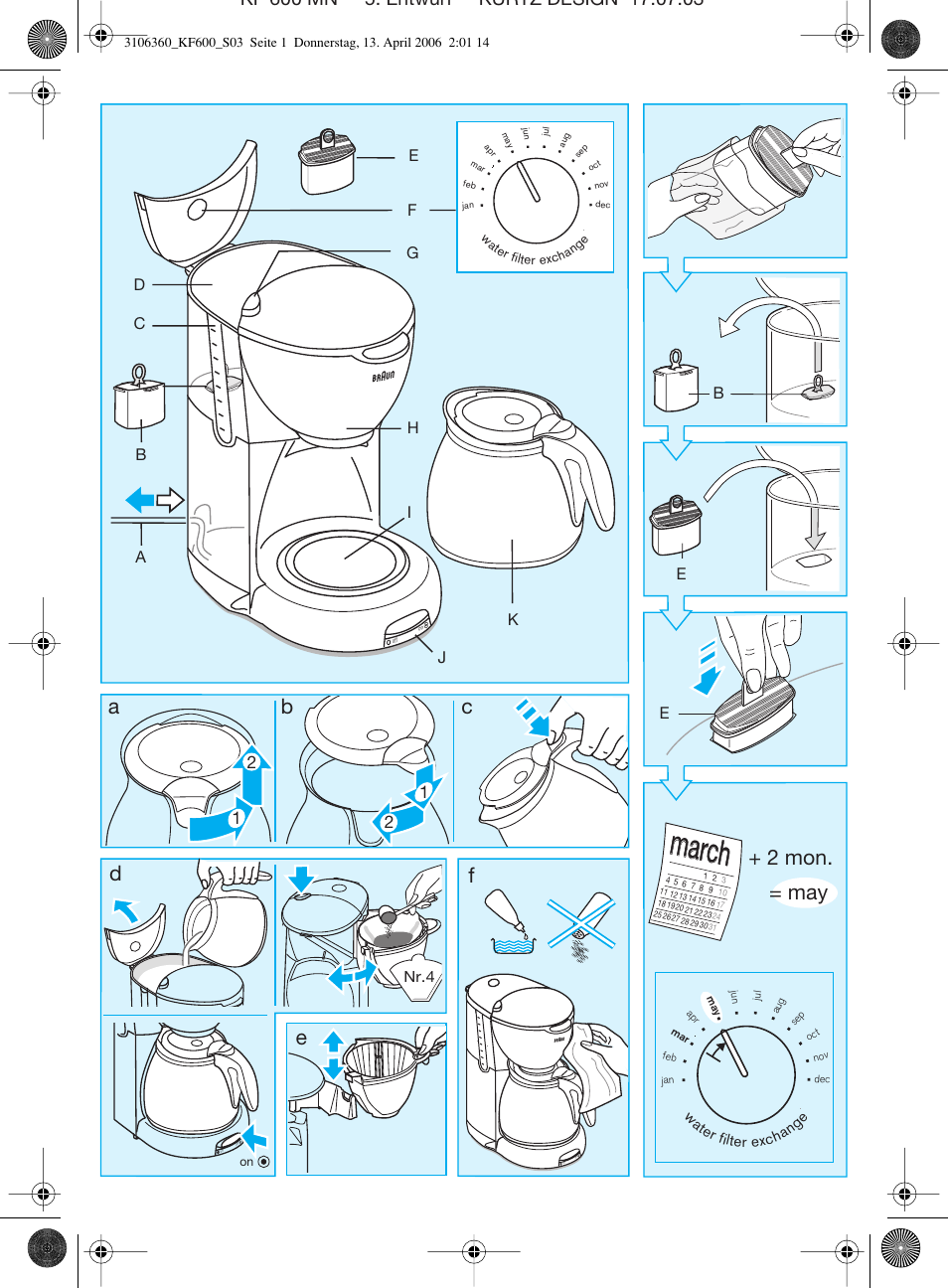 March, 2 mon. = may, Eb e | Braun KF 600 User Manual | Page 3 / 52