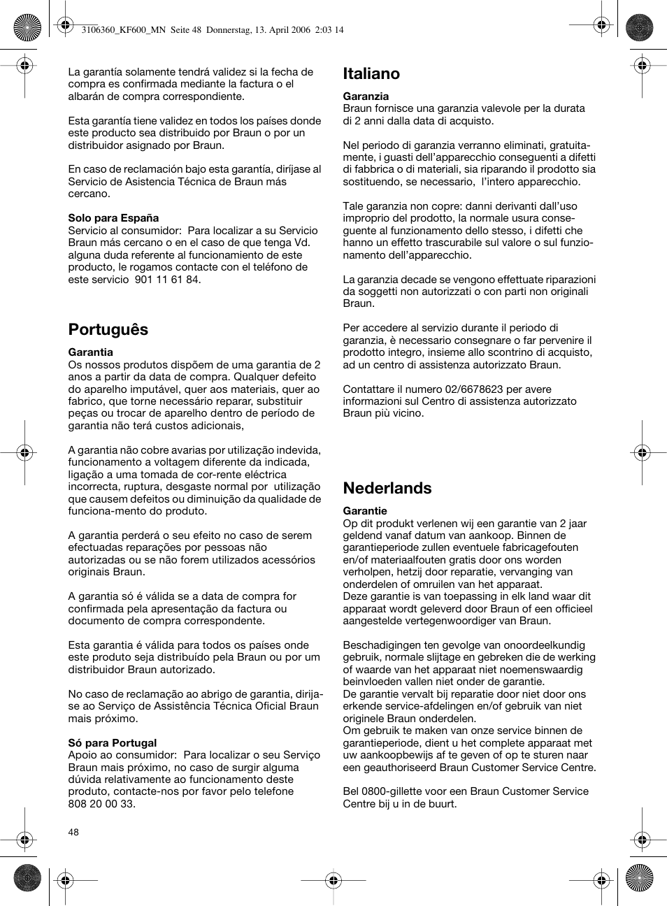 Português, Italiano, Nederlands | Braun KF 600 User Manual | Page 48 / 52