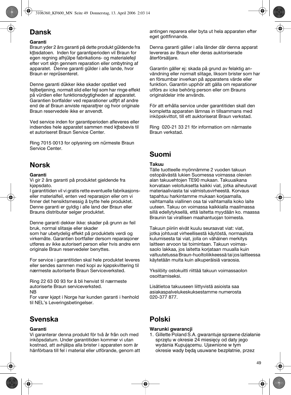 Dansk, Norsk, Svenska | Suomi, Polski | Braun KF 600 User Manual | Page 49 / 52