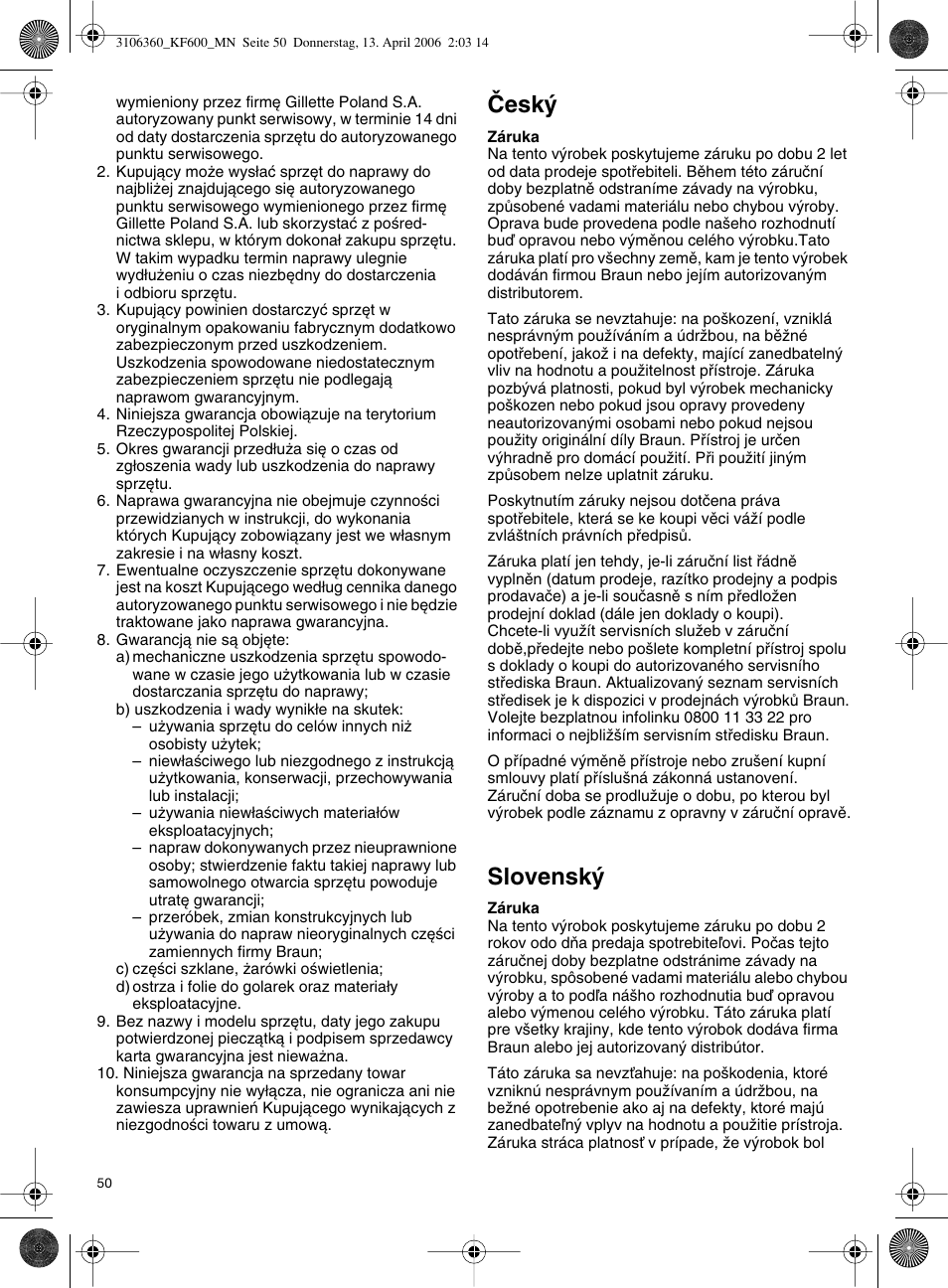 Âesk, Slovensk | Braun KF 600 User Manual | Page 50 / 52