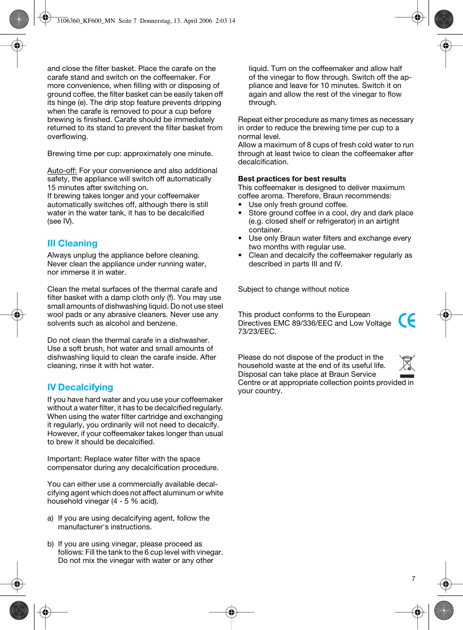Iii cleaning, Iv decalcifying | Braun KF 600 User Manual | Page 7 / 52